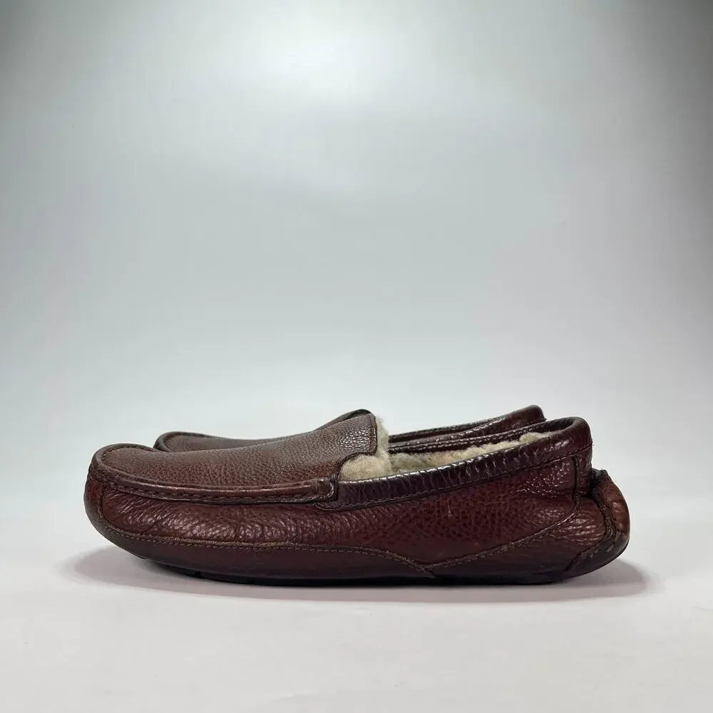 UGG Ascot Brown Leather Comfort Indoor Moccasin Loafers Slipper Men's Size 10